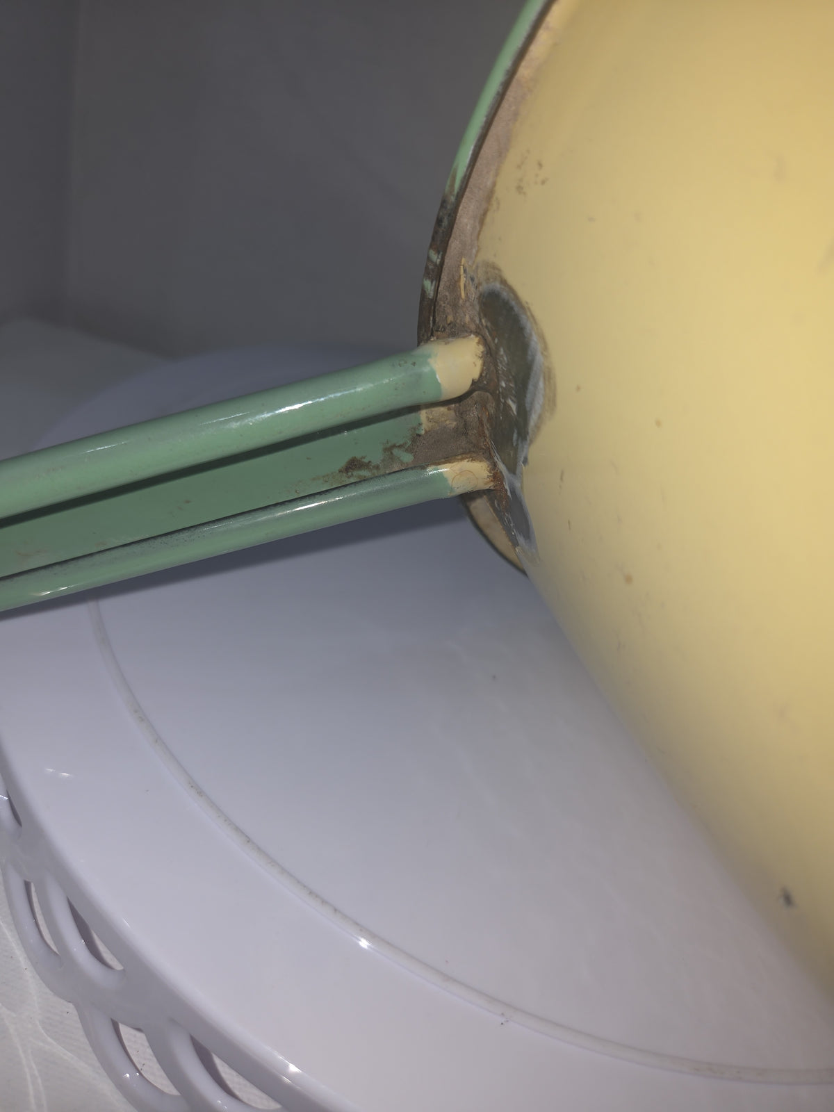 Vintage Enamelware Sauce Pan Cream Green Trim White Inside en90