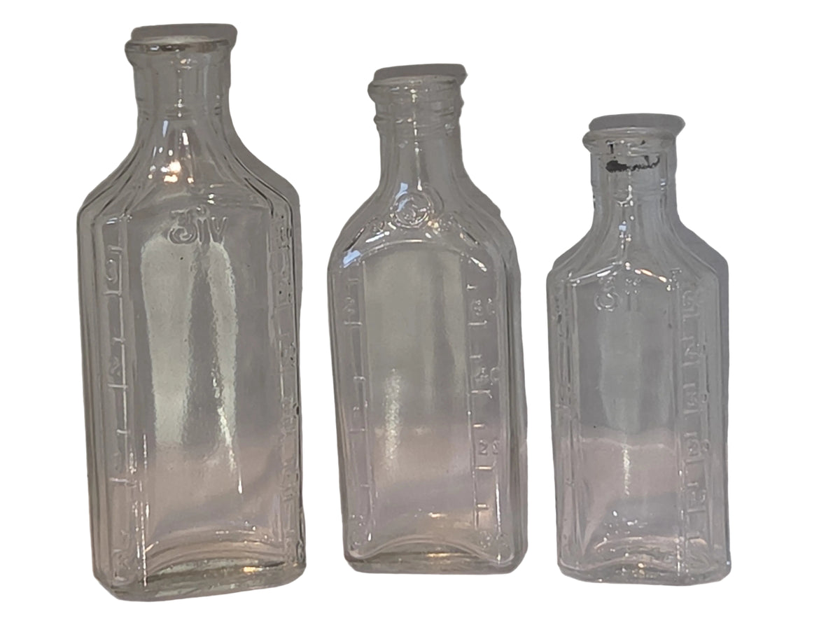 Vintage Glass Medicine Bottles Clear Embossed 3ii and 3 iv Set of 3 bottles Owens Early 1920s vmb65