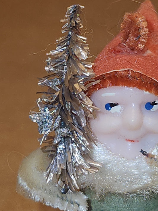 Vintage Spun Cotton Dwarf or Elf with Chinelle Bottle Brush Tree Pinecone and Mushroom Japan elf11