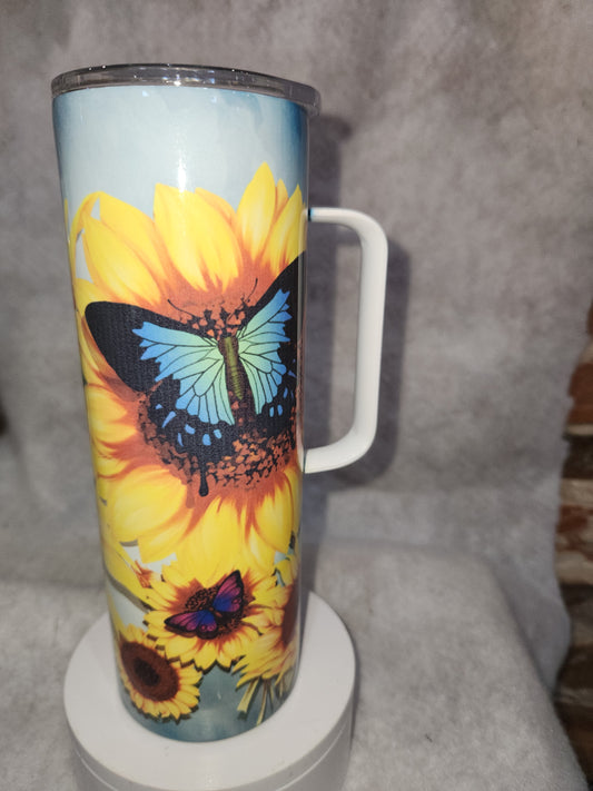20 oz stainless steel, insulated, tumbler with handle Sunflower & Butterflies