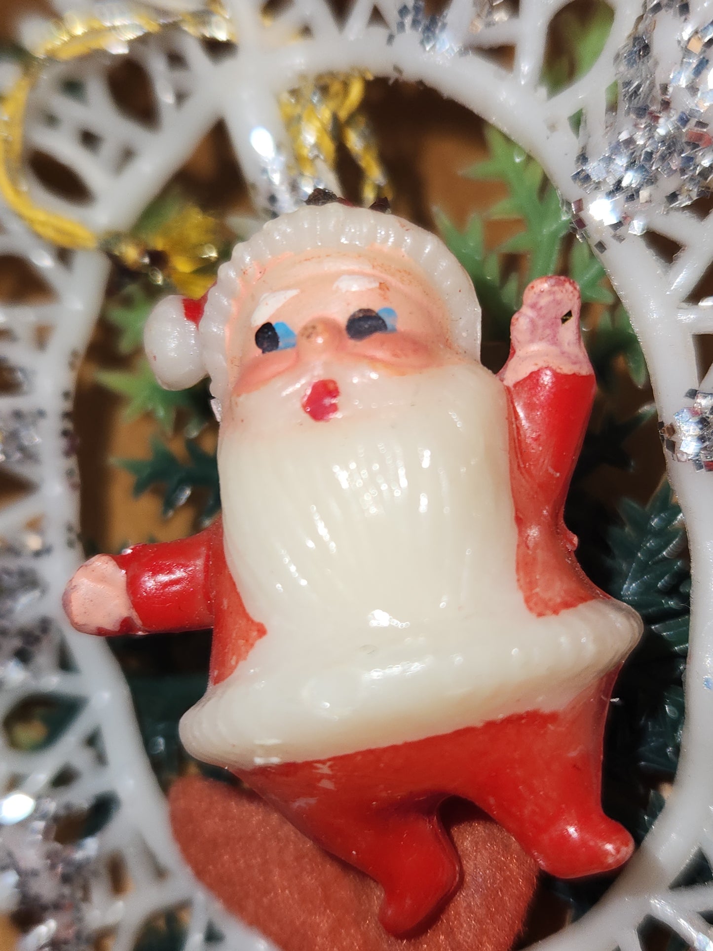 Vintage Plastic 1960s Commodore or Commodore Like Ornaments with Santa and Angel, Greenery Plastic Bow AS IS sm18