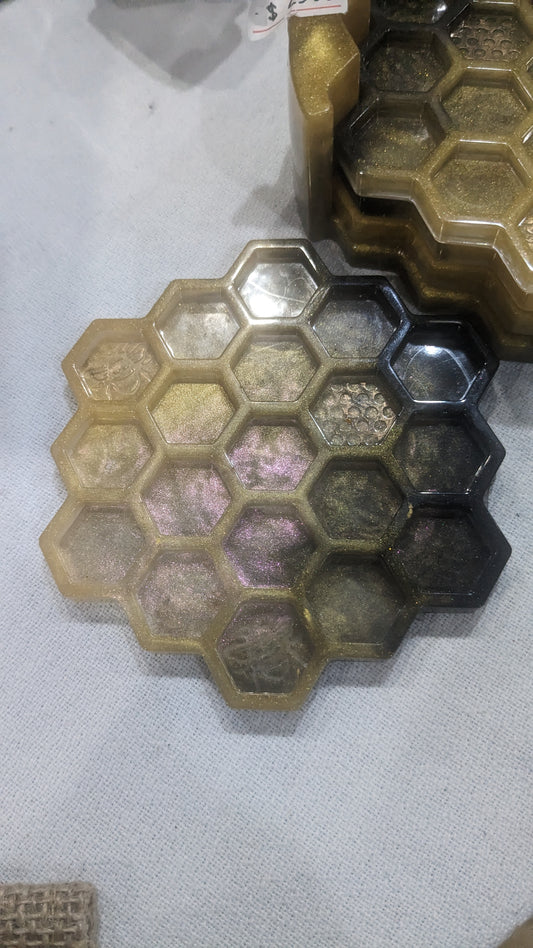 Coaster Set of 4 with Holder Black and Gold Honeycomb and Bees Handmade Unique Gift cs13