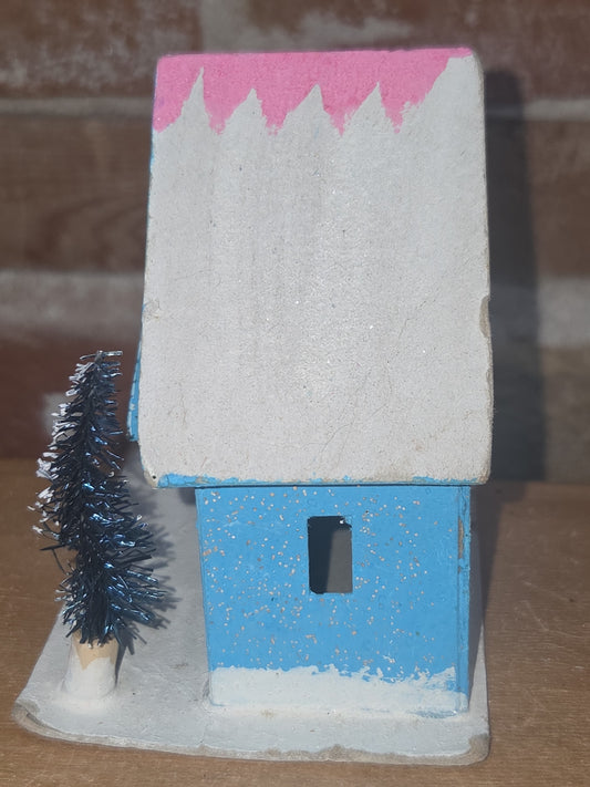 Vintage Putz Blue House with Tree Made in Japan Read Description ptz4