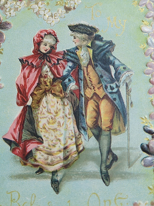 Antique Valentines Postcard Embossed Beloved Victorian couple Embossed flowers poem