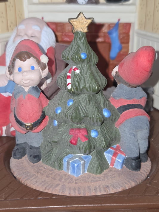 Vintage Ceramic Christmas Eve Elves Decorating Tree Santa Sleeping made from Scioto Molds 1983 AS IS No Music Box