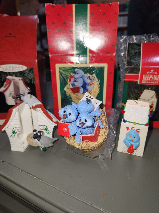 Vintage Hallmark Keepsake Ornaments Set of 3 Bird 1986 Treetop Trio 1993 Peep Inside Birdhouse 1992 Egg Nog Nest