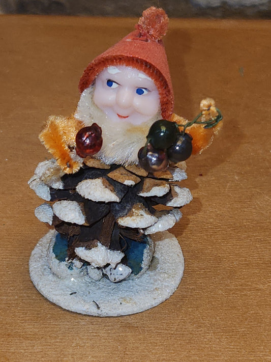 Vintage Pinecone Elf Gnome Dwarf with Maracas Band Ornament Chenille Plastic Face Mica Putz elf21