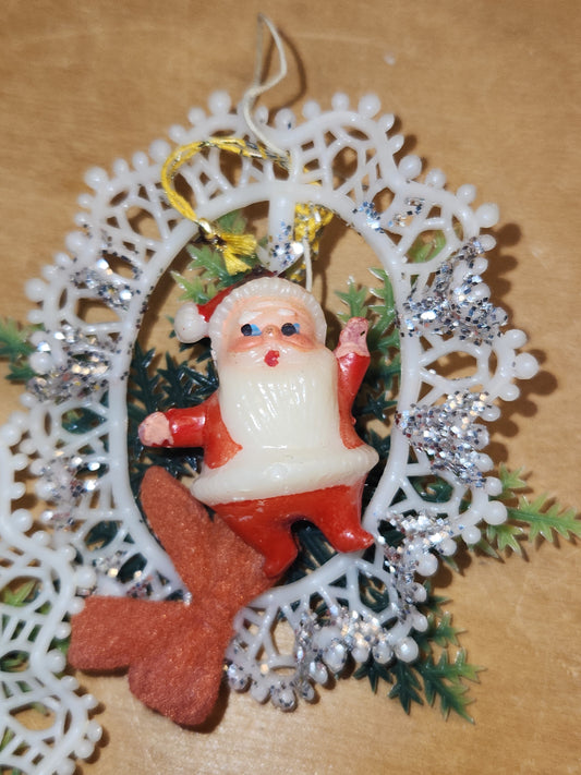 Vintage Plastic 1960s Commodore or Commodore Like Ornaments with Santa and Angel, Greenery Plastic Bow AS IS sm18