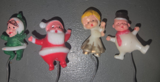 Vintage Miniature Christmas Floral Picks Snowman Santa Angel Set if 4 vc9