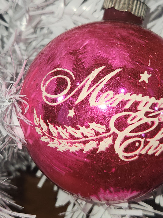 Vintage Shiny Brite Stenciled Merry Christmas Hot Pink Glass Ornament vo21