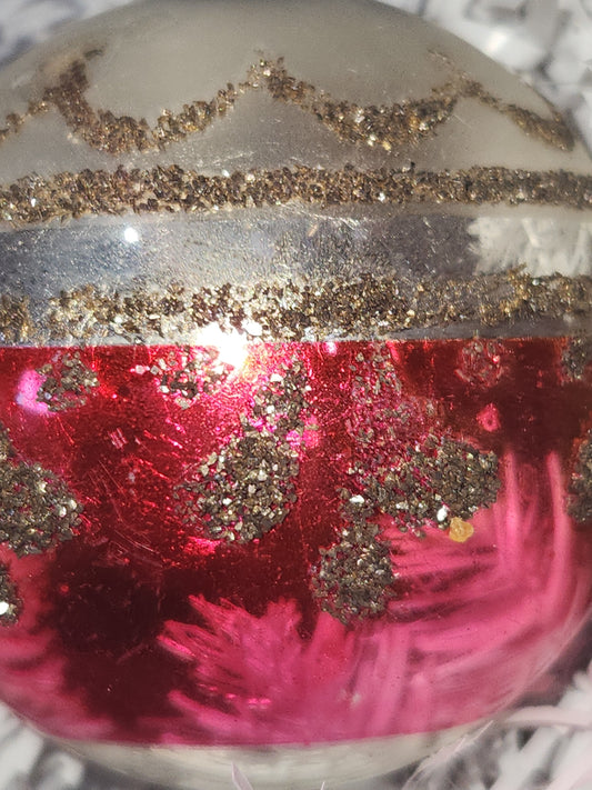 Vintage Mercury Glass Christmas Ornament Silver Pink and Black Mica Scroll GLOWS vo15