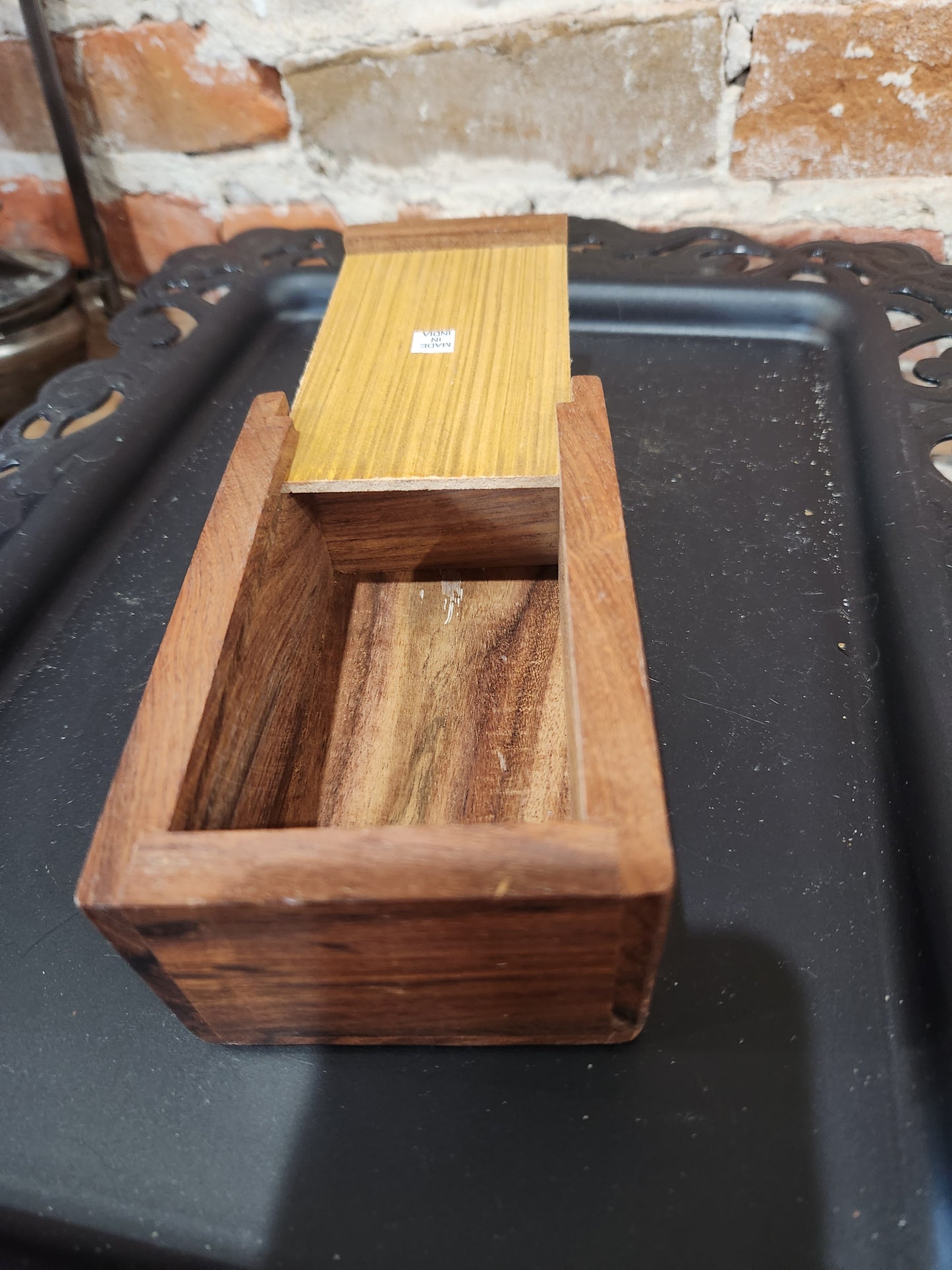 Vintage Hand Craved Wooden Box Lid Opening on Bottom Floral Design smaller of the two boxes box46