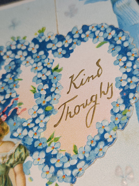 Antique Tuck & Sons Valentines Day Greeting Card Girl, gold birds, blue flowers, Kind Thoughts