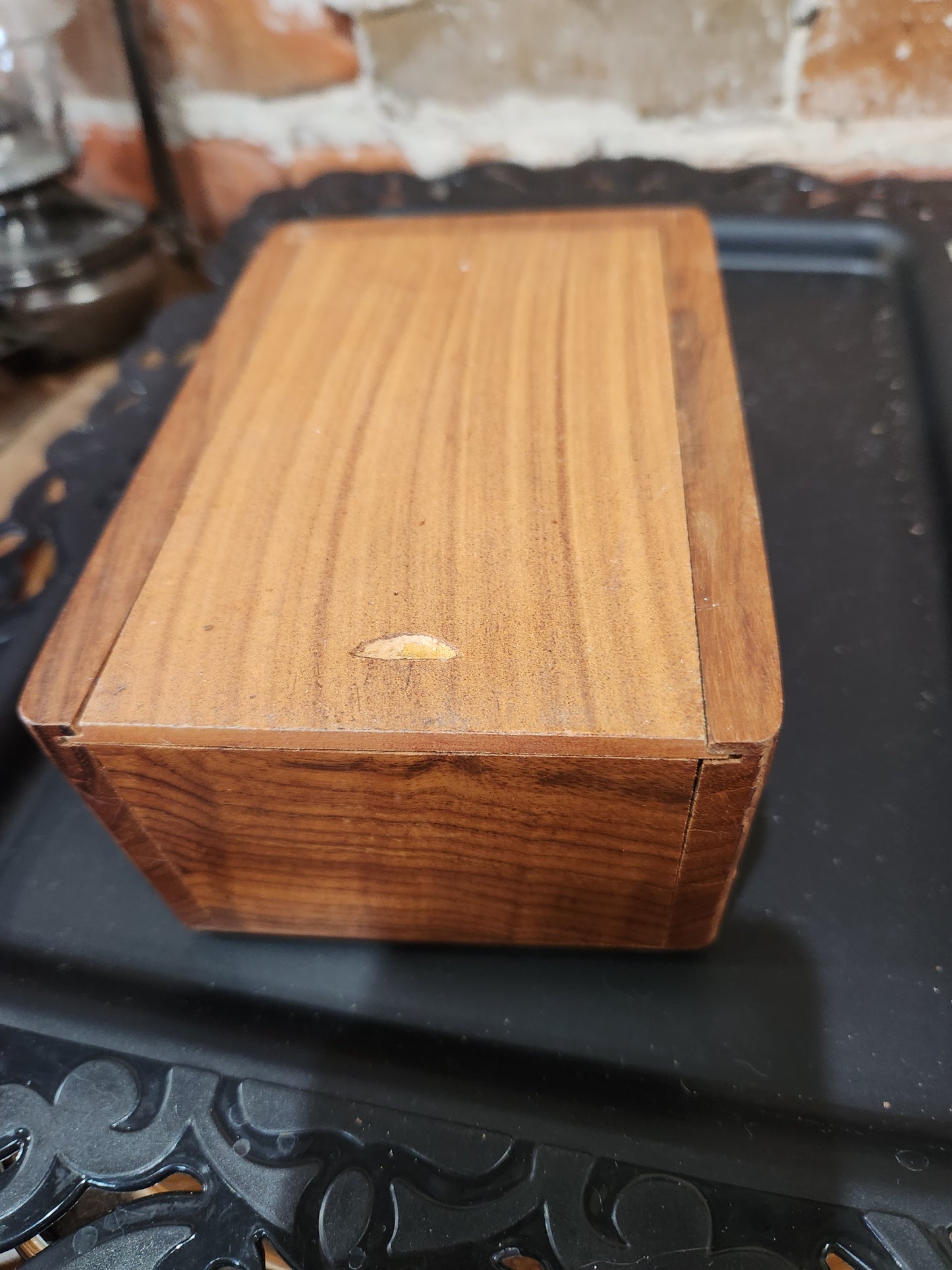 Vintage Hand Craved Wooden Box Lid Opening on Bottom Floral Design box45