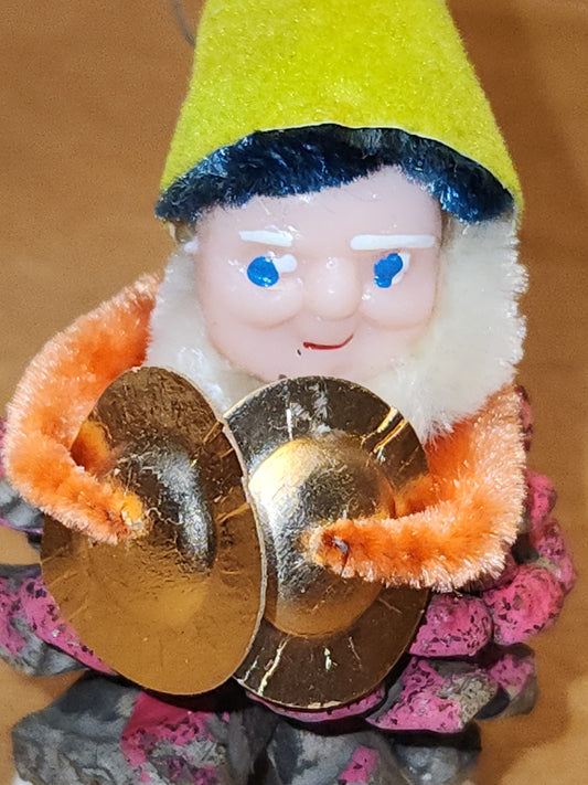 Vintage Pinecone Elf Gnome Dwarf Ornament in Band Playing Cymbals Chenille Plastic Face Mica Japan elf51