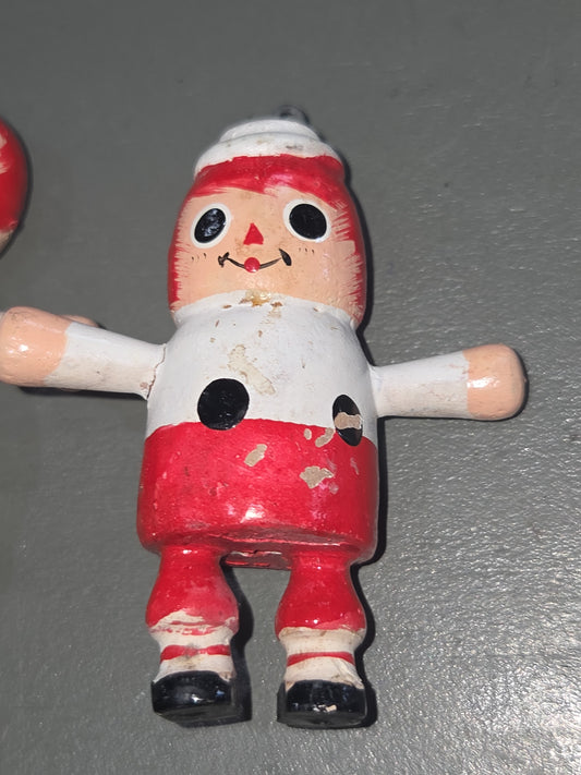 Vintage Wooden Ornaments Ragedy Ann and Ragedy Andy Set of 2 MCM Kitchy