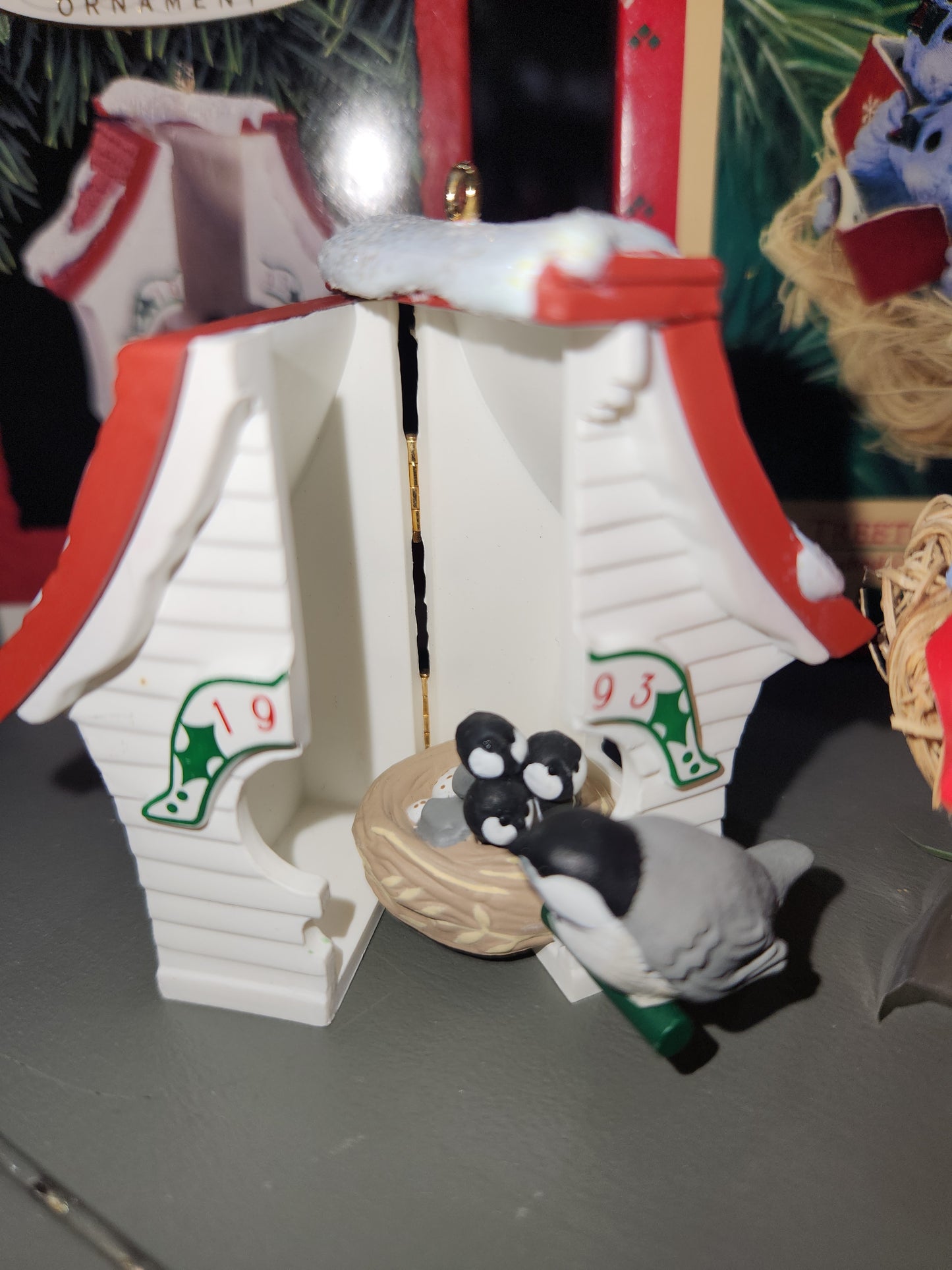 Three Vintage Hallmark Keepsake Ornaments 1986 Treetop Trio 1993 Peep Inside Birdhouse 1992 Egg Nog Nest