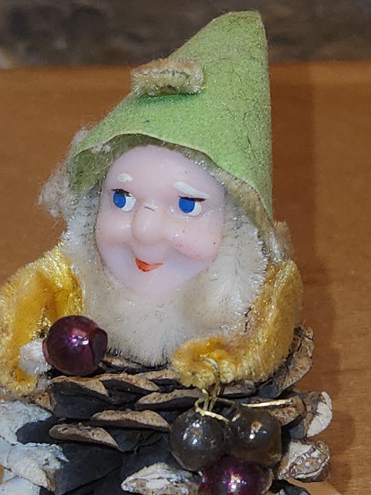 Vintage Pinecone Elf Gnome Dwarf with Maracas Band Ornament Chenille Green Hat Plastic Face Mica Putz elf6