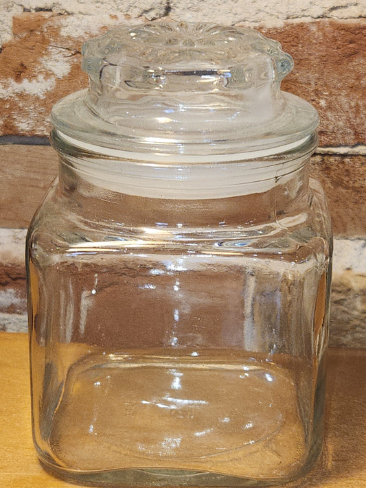 Vintage Clear Glass Square Canister with Sunburst Lid 5 1/4" square sj2