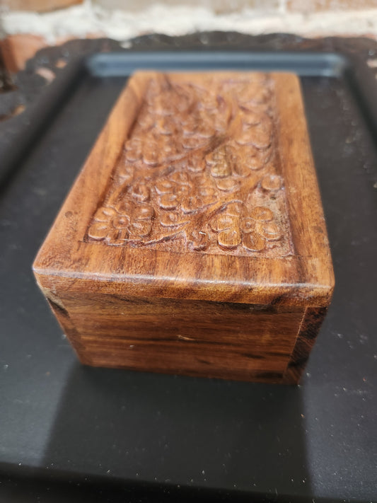 Vintage Hand Craved Wooden Box Lid Opening on Bottom Floral Design smaller of the two boxes box46