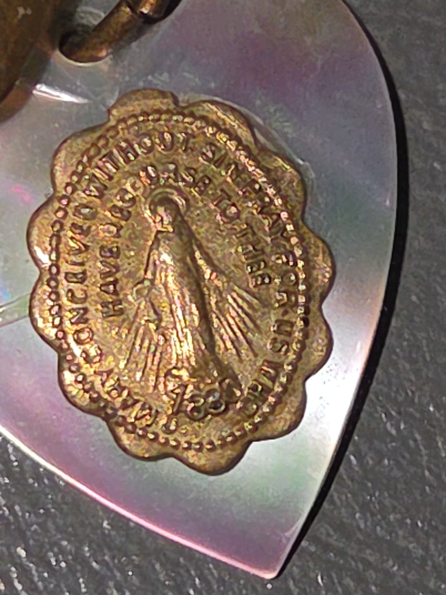 Vintage Pin Miraculous Medal Heart Mother of Pearl