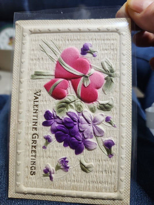 Antique Valentine post card Valentine Greeting Embossed Hearts and Violets