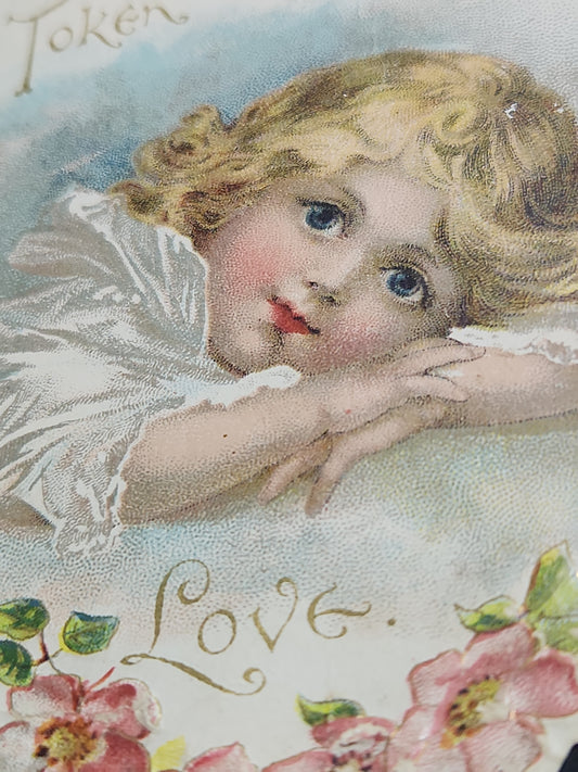 Antique 1880s Die-Cut Embossed Heart Valentine Card Child A Token of Love Poem
