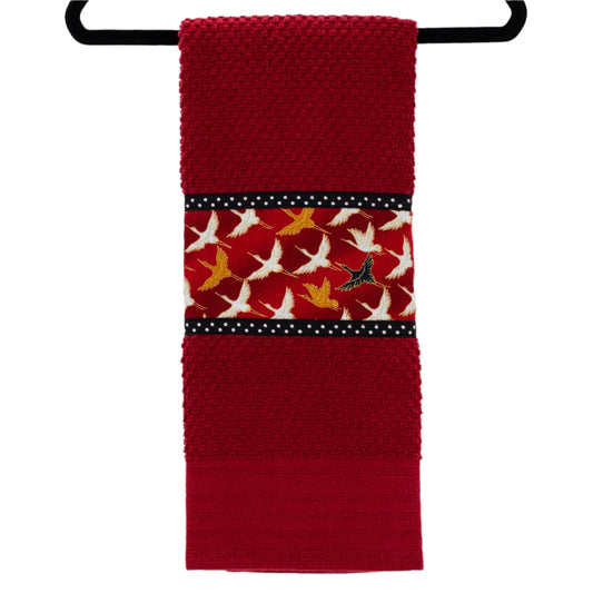 Sandhill Crane Tea Towels | Multiple Colors | Lori's Specialty Design Red Towel With Red Crane Design