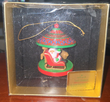 Vintage Hallmark Tree-Trimmer Ornament 1980 Merry Carousel Twirl About Motion 3rd in Series Santa Reindeer