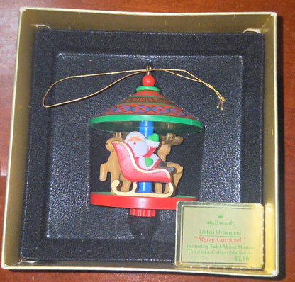 Vintage Hallmark Tree-Trimmer Ornament 1980 Merry Carousel Twirl About Motion 3rd in Series Santa Reindeer