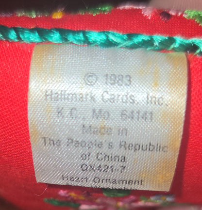 Christmas Ornament Hallmark Hand Embroidered Heart Vintage 1981 Holiday Keepsake