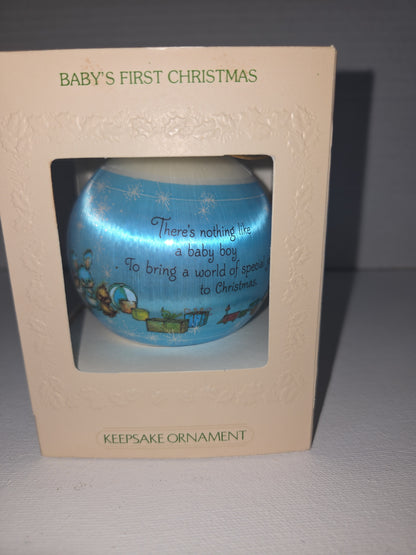 Vintage 1981 Hallmark Baby’s First Christmas Ornament | Blue Satin Ball | Boxed (Copy)