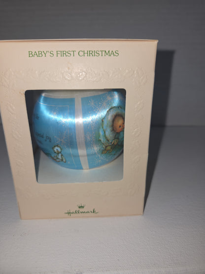Vintage 1981 Hallmark Baby’s First Christmas Ornament | Blue Satin Ball | Boxed (Copy)