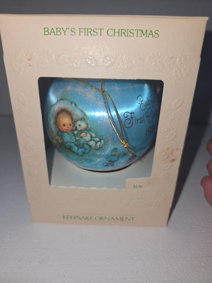 Vintage 1981 Hallmark Baby’s First Christmas Ornament | Blue Satin Ball | Boxed (Copy)