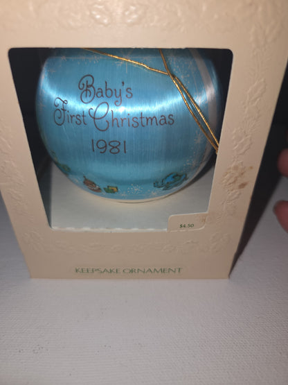 Vintage 1981 Hallmark Baby’s First Christmas Ornament | Blue Satin Ball | Boxed (Copy)