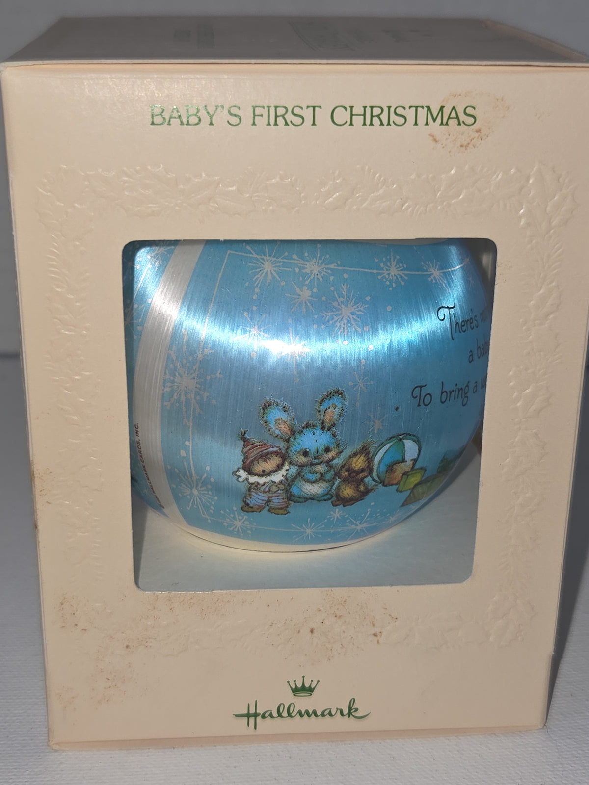 Vintage 1981 Hallmark Baby’s First Christmas Ornament | Blue Satin Ball | Boxed (Copy)
