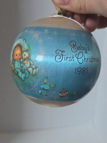 Vintage 1981 Hallmark Baby’s First Christmas Ornament | Blue Satin Ball | Boxed (Copy)