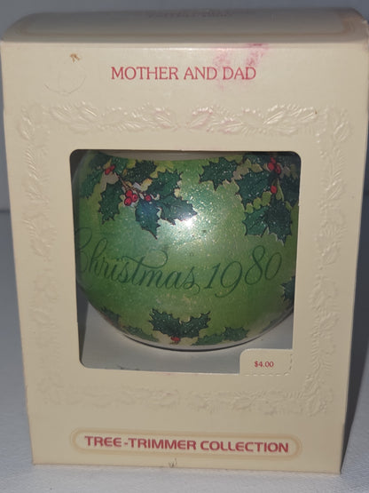 Vintage Hallmark Tree-Trimmer Glass Ornament Mother And Dad Dated 1980 Tree Trimmer Collection 1980 (Copy)