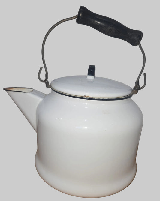 Vintage Enamel Kettle Coffee Pot White with Black Trim Wooden Handle See Photos