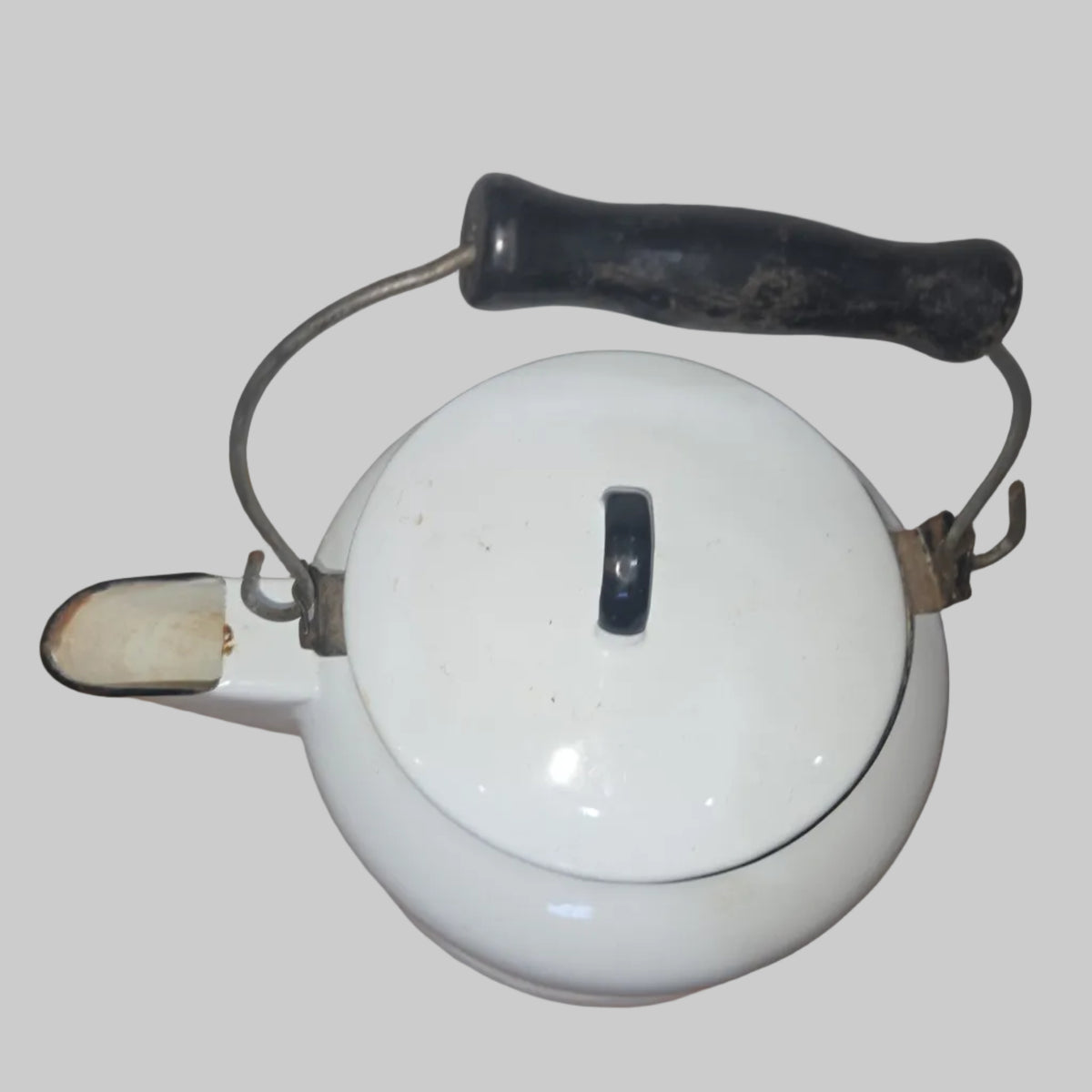 Vintage Enamel Kettle Coffee Pot White with Black Trim Wooden Handle See Photos