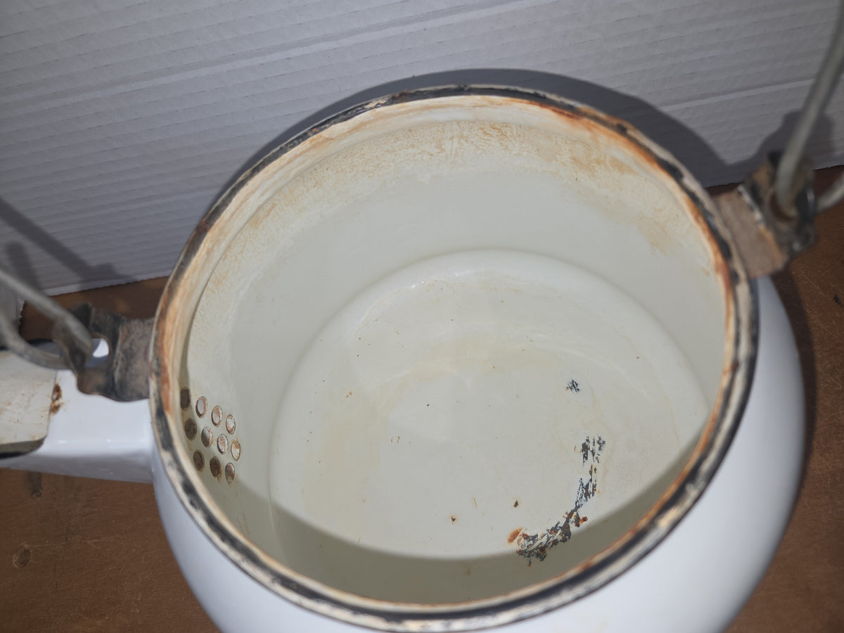 Vintage Enamel Kettle Coffee Pot White with Black Trim Wooden Handle See Photos