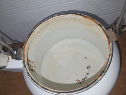 Vintage Enamel Kettle Coffee Pot White with Black Trim Wooden Handle See Photos