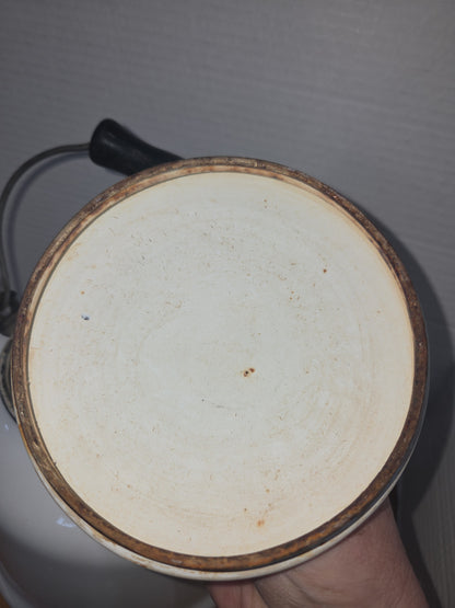 Vintage Enamel Kettle Coffee Pot White with Black Trim Wooden Handle See Photos