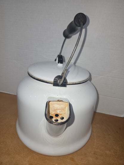 Vintage Enamel Kettle Coffee Pot White with Black Trim Wooden Handle See Photos