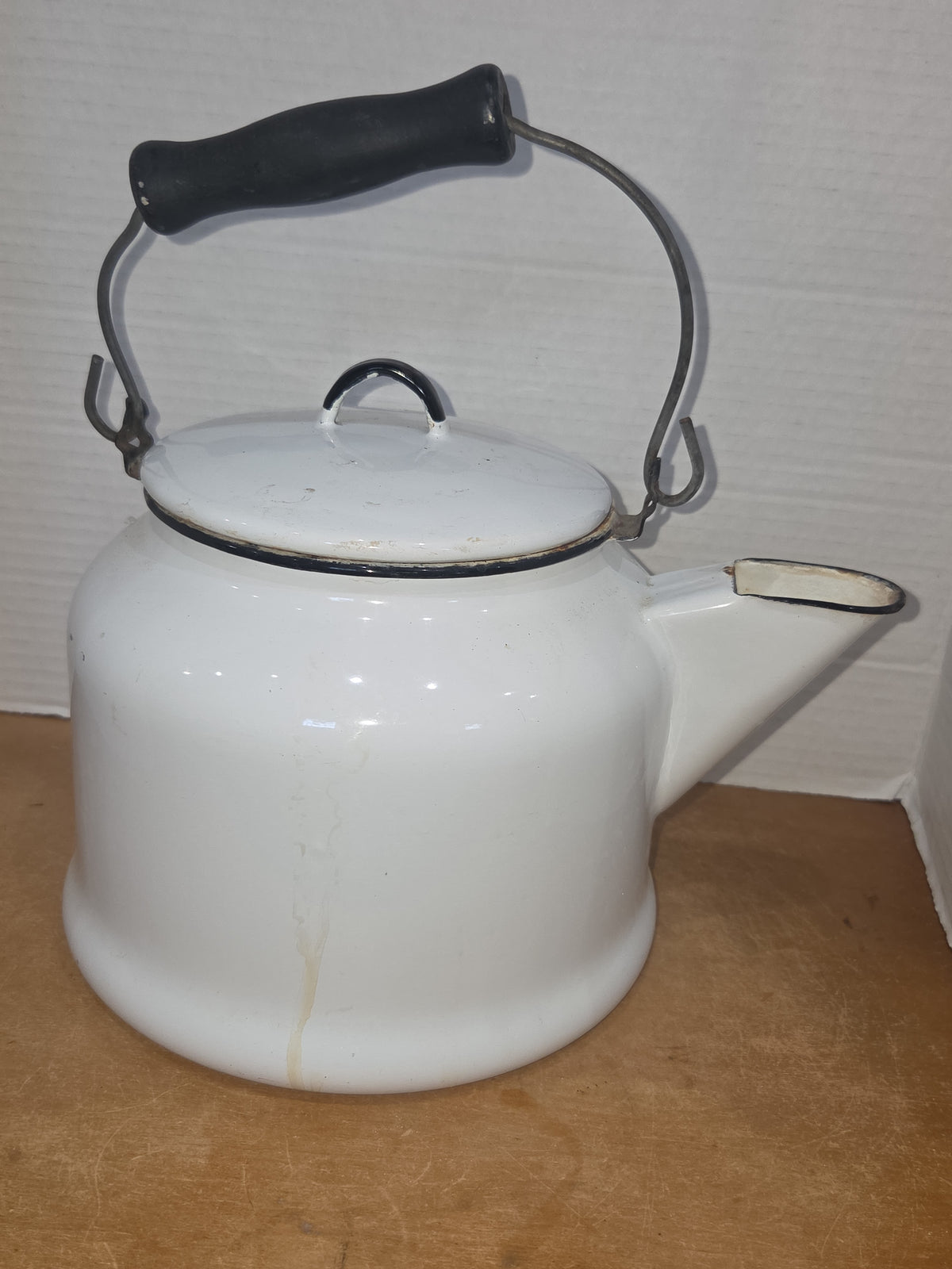 Vintage Enamel Kettle Coffee Pot White with Black Trim Wooden Handle See Photos