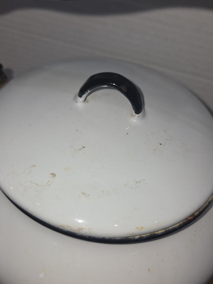 Vintage Enamel Kettle Coffee Pot White with Black Trim Wooden Handle See Photos