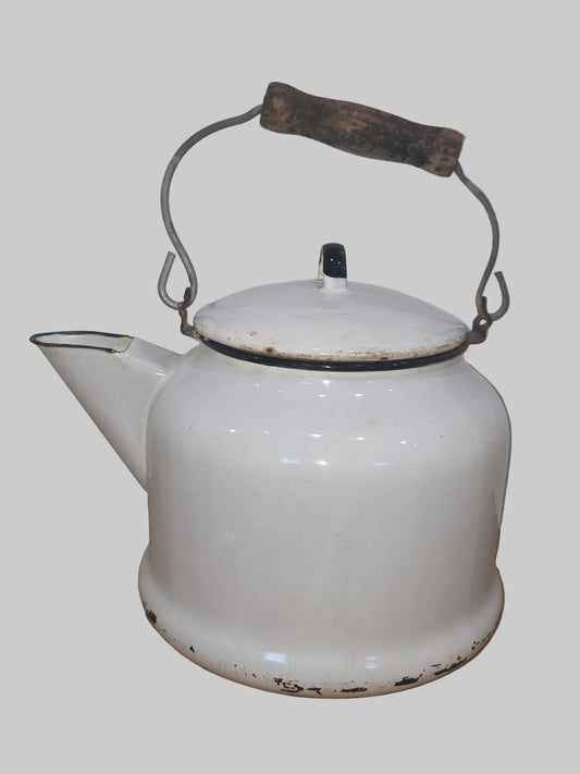 Vintage Enamel Kettle Coffee Pot White with Black Trim Wooden Handle See Photos