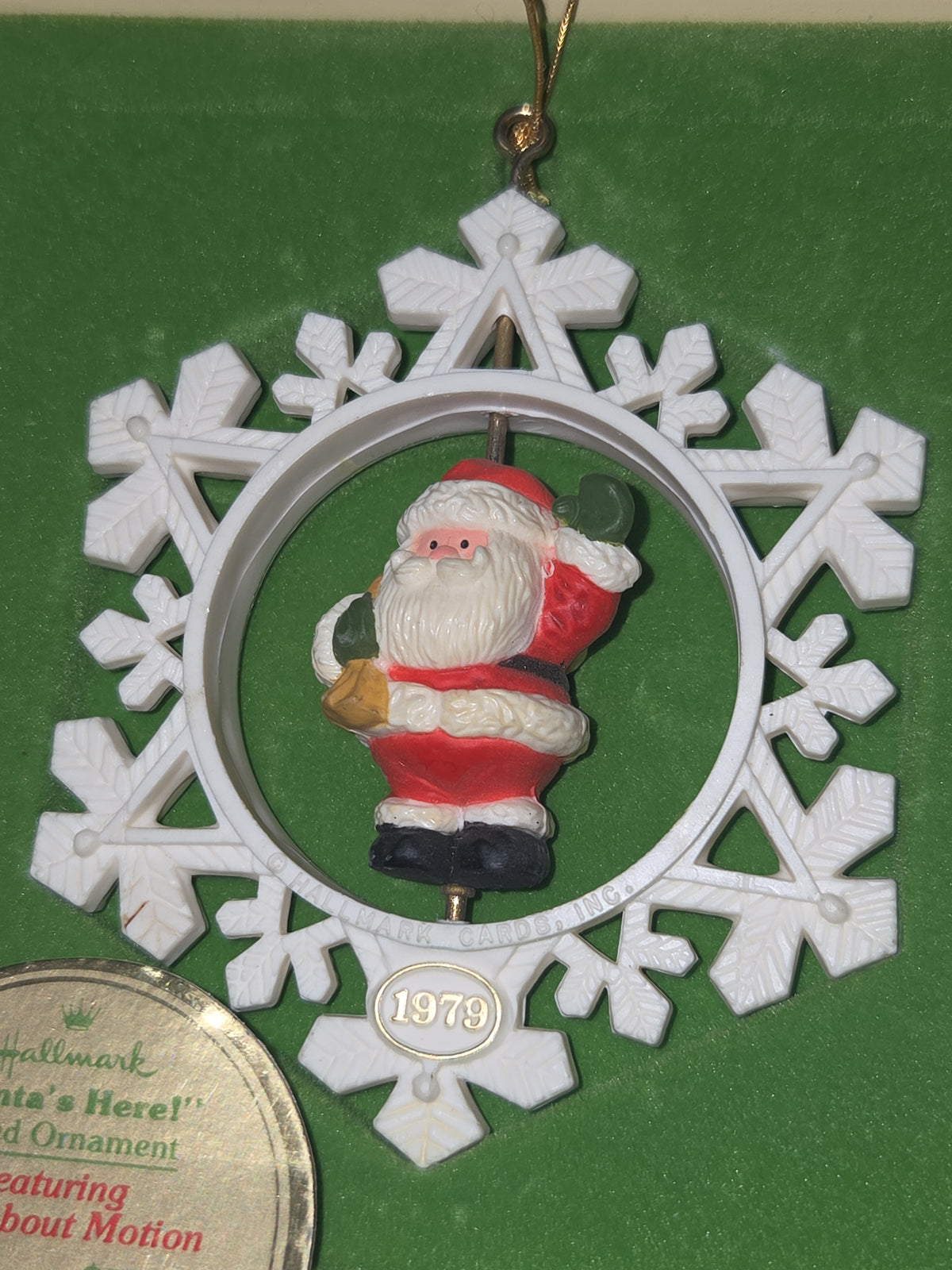 Vintage Hallmark Tree-Trimmer Collection Ornament Santa's Here Twirl-About Motion 1979 No Plastic Top