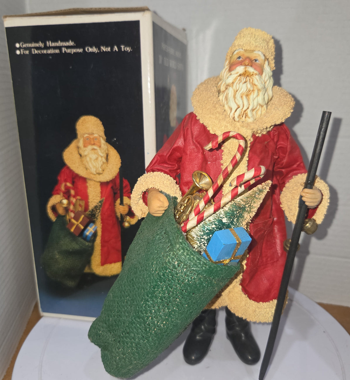 Vintage Santa Claus Kurt Adler Santa's World Paper-Fabric Mache Old World Santa Bag of Toys Staff 10"