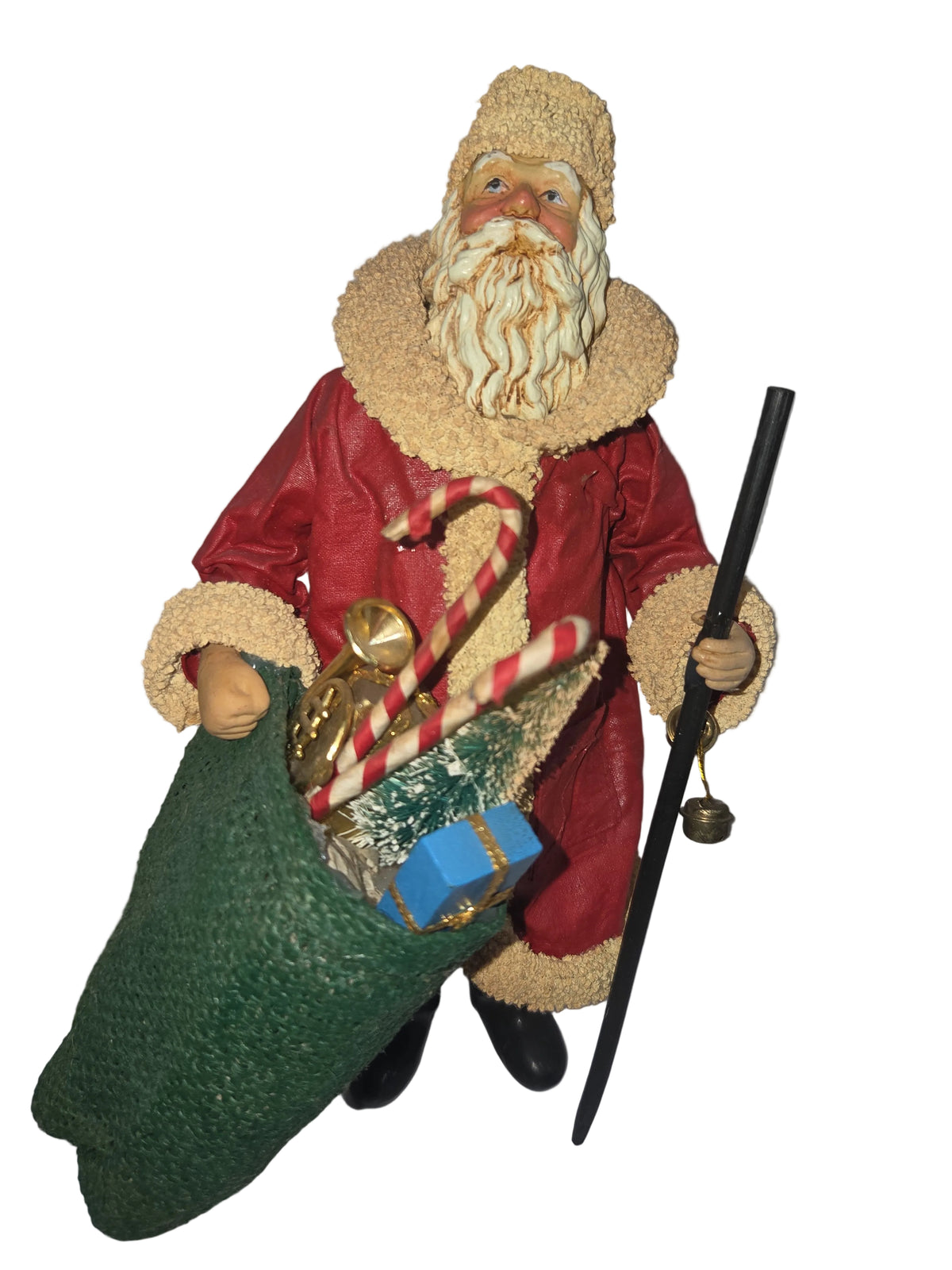 Vintage Santa Claus Kurt Adler Santa's World Paper-Fabric Mache Old World Santa Bag of Toys Staff 10"